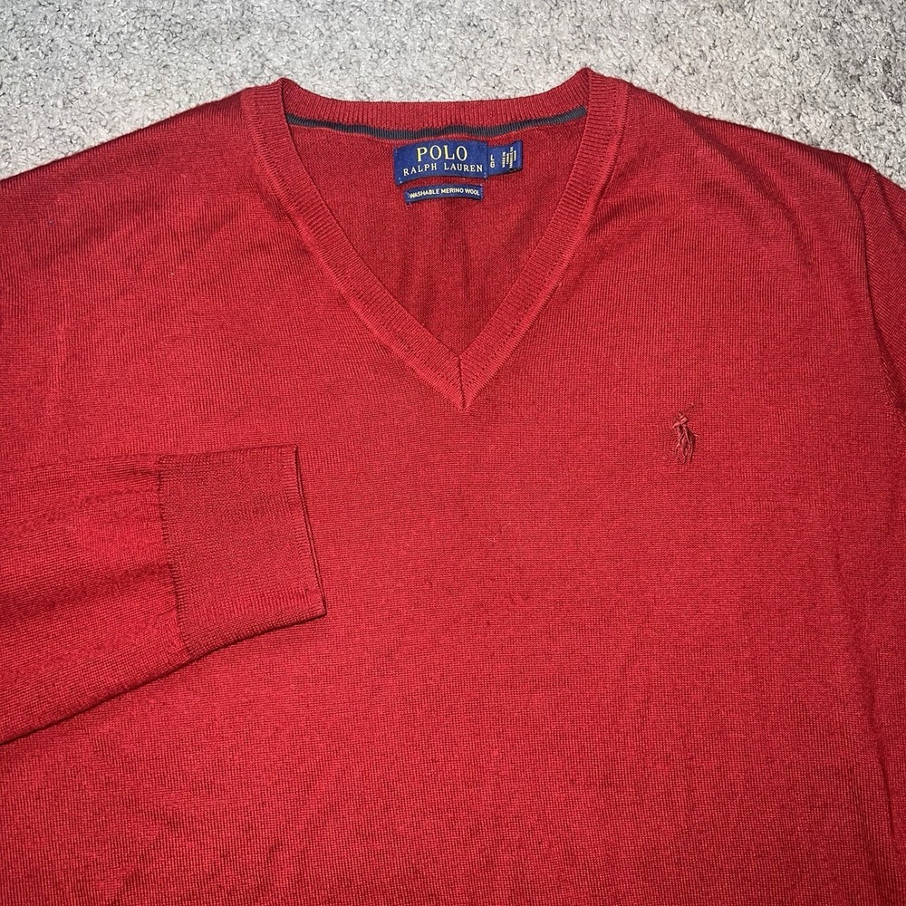 Polo Ralph Lauren Sweater Mens L Custom Fit Red V Neck Merino Wool Pullover